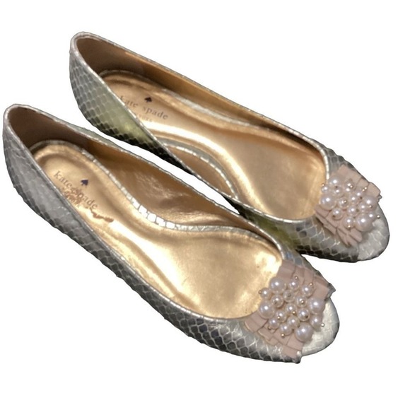 Kate Spade Women's Size‎ 8 Flats Gold Snakeskin Open Toe Shoes Beaded - Picture 1 of 6